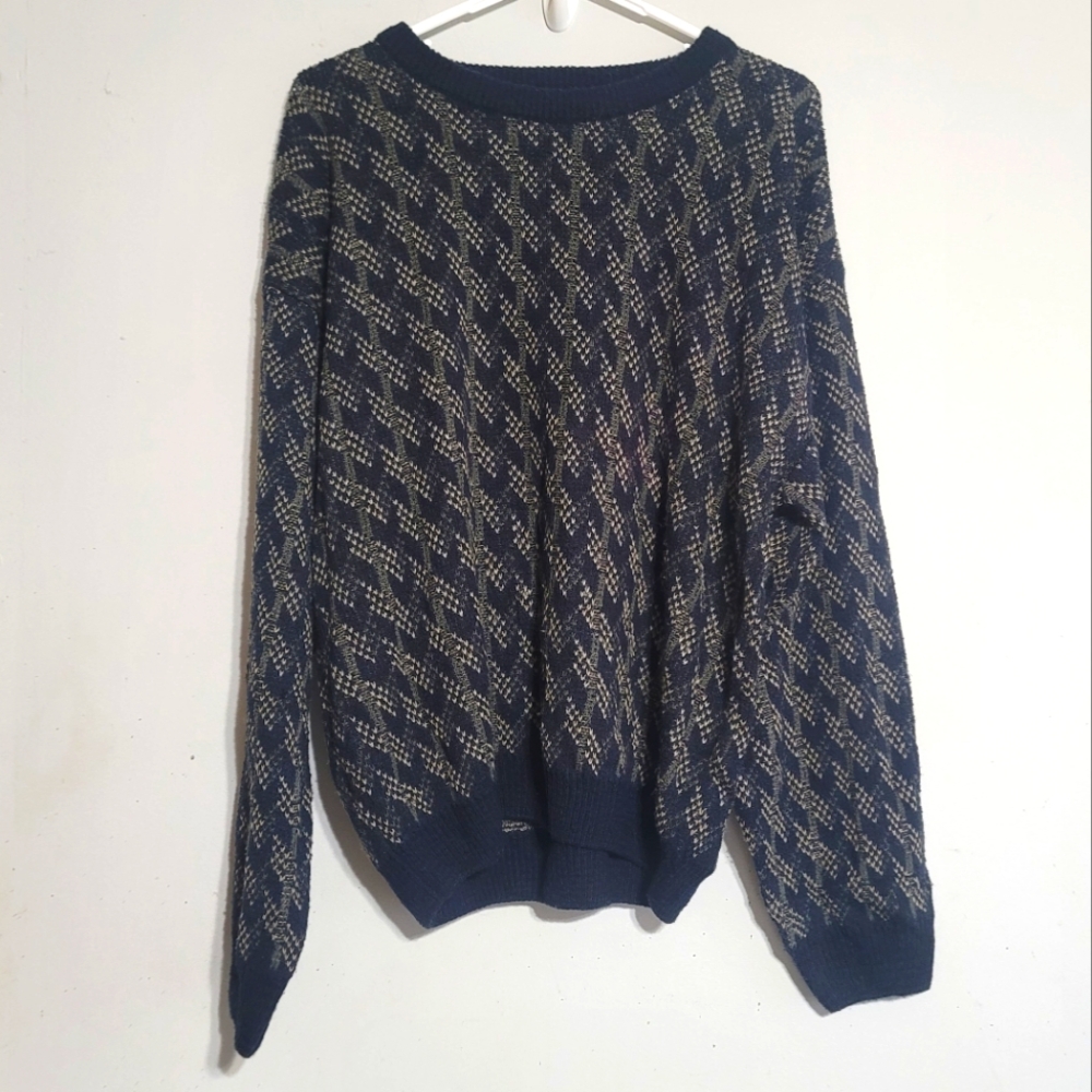 Jantzen Sport Vintage Mens Laege Navy Tan  Knit‎ Indie Sweater Fisherman Grandpa